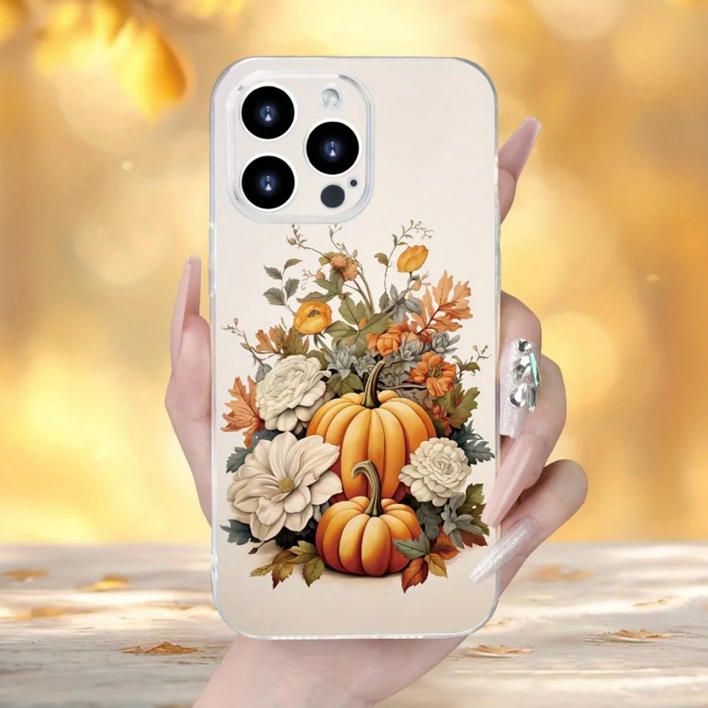 Apple iPhone Phone Case Autumn Scene Pumpkins Flowers Transparent TPU